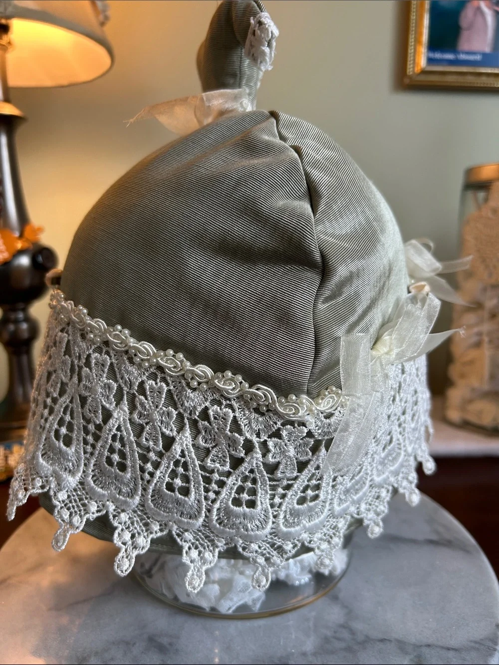 Tea pot cozy from Sweet Necessi Teas lace pearls satin bows roses formal.